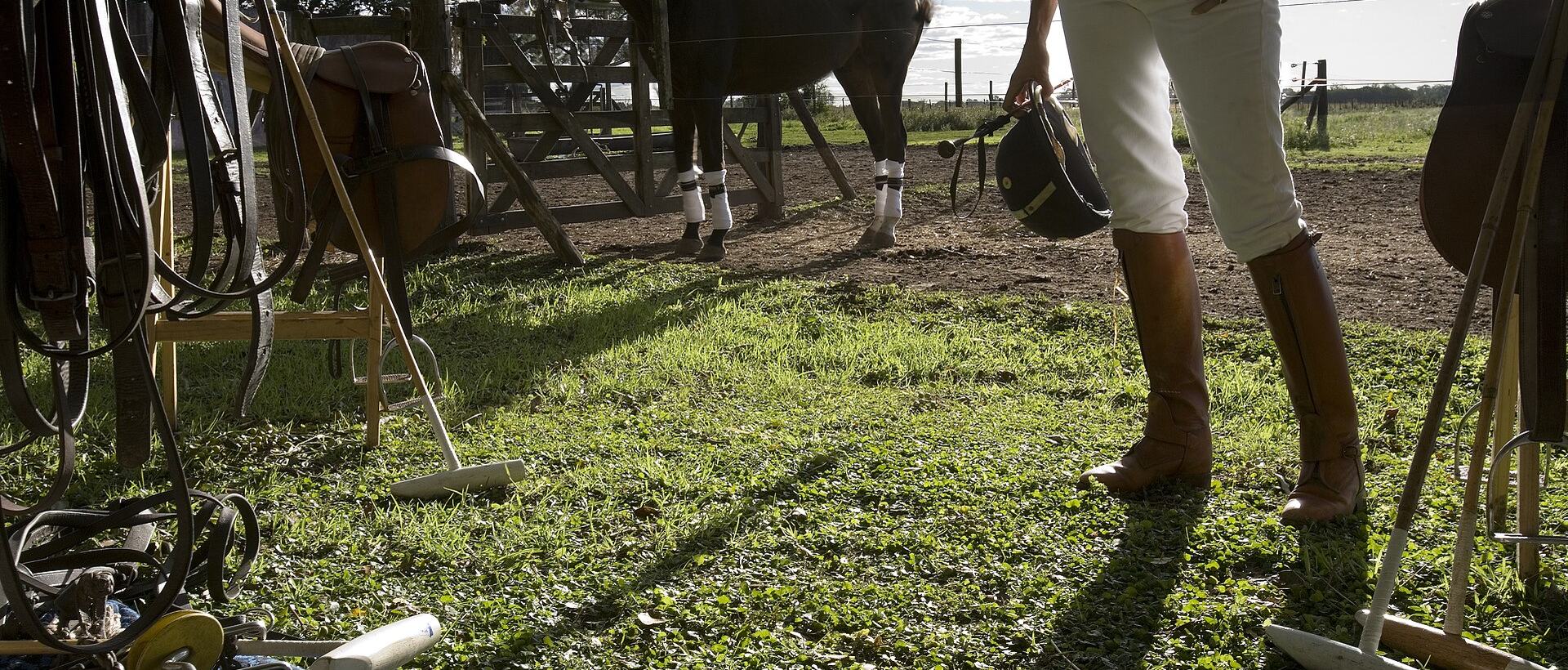 Monturas y tacos junto al corral, con un caballo atrás